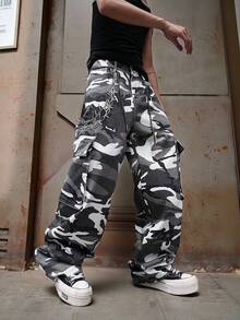 Manfinity ZONE917 男士休闲迷彩印花翻盖口袋宽松牛仔裤，秋季 - 彩色 - 查看 7