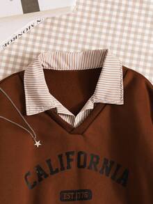 Teen Girl Casual Pullover Sweatshirt, Versatile For School & Commute, 2 In 1 Sweatshirt With Shirt Collar, Numeric & Letter, Leopard Print Pattern, Loose Fit - Brown - View 4