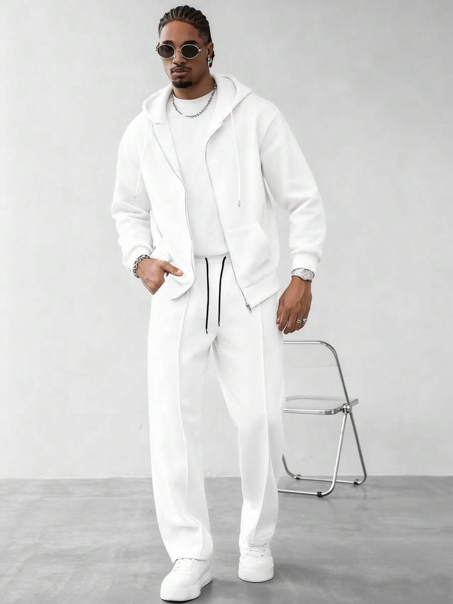 Manfinity Homme Bộ áo hoodie và quần dài màu trơn tối giản dành cho nam, bộ đồ thể thao màu trắng dành cho nam, bộ đồ phối hợp dành cho nam, bộ đồ thể thao 2 mảnh màu trắng dành cho nam, bộ quần dài màu trắng dành cho nam. - trắng - Xem 1