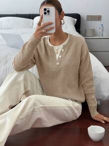 DAZY 休闲拼色亨利领套头衫，柔软针织二合一女式毛衣 - 卡其色 - 查看 5