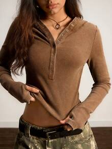 Easelle Camiseta Ajustada de Gola Alta com Meia Abertura, Cor Sólida Simples para Uso Casual e Diário, Outono/Inverno