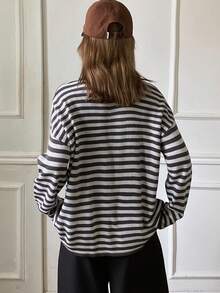 DAZY Suéter holgado de punto casual con cordón y mangas largas con rayas de contraste para mujer, otoño/invierno - Gris - Ver 2