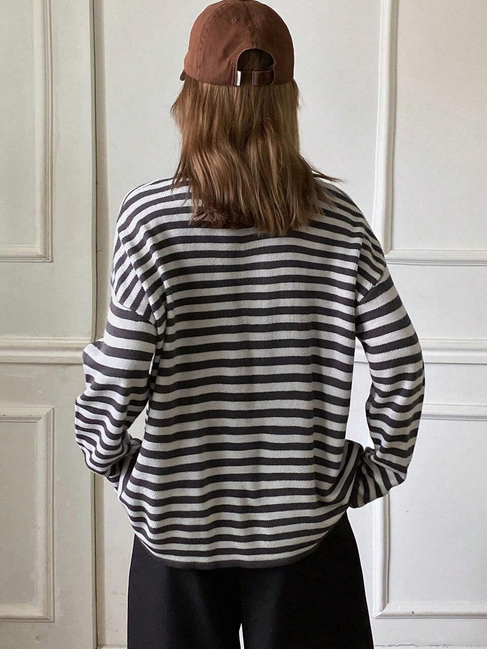 Contrast Stripe Loose Long Sleeve Drawstring Casual Street Knit Sweater For Women, Autumn/Winter