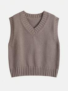 INAWLY Gilet tricoté ample décontracté style rétro col V pour femmes - Tabac - Voir 3
