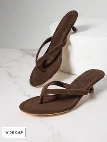 SHUZIA 女式宽跟小猫跟日常时尚休闲性感舒适优雅仿麂皮人字高跟凉鞋 - 咖啡棕 - 查看 1