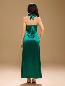 Teenager grünes Neckholder-Kleid, elegantes Abendkleid für Weihnachtspartys, Satin-Stoff