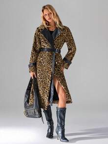 TRNVIE 1 pieza Suéter minimalista de moda con estampado de leopardo y parches de peluche para mujer, adecuado para fiestas, Navidad, Día de San Valentín - Multicolor - Ver 3