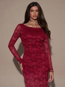 SHEIN BAE Women's Solid Color Lace Backless Sheer Sexy Long Sleeve Dress,A Red Lace See-Through Dress, Suitable For Cocktail Parties, Romantic Dates, Autumn/Winter Layering, Parties, Formal Gatherings, Christmas, And Other Occasions; A Christmas Party Dress. - Burgundy - View 5