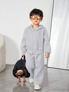2 piezas Conjunto de chaqueta de punto y pantalones para niños pequeños, estilo universitario, cómodo y sencillo, de moda, práctico, de estilo japonés y surcoreano, fácil de combinar, suave y cómodo, adecuado para juegos al aire libre, atuendos escolares, vuelta al colegio, uso diario, viajes, deportes, otoño e invierno - Gris Claro - Ver 4