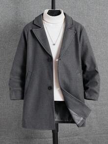 SHEIN 男童休闲羊毛口袋中长外套，适合秋季、春季、冬季穿着，适合户外玩耍、上学、街头摄影、聚会和居家休闲，高性价比绗缝外套，羽绒服，冬装外套，棉服，羽绒服 - 灰色 - 查看 7