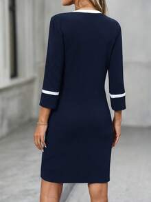 EMERY ROSE Women's Elegant Commuter Color Block Round Neck Fitted Mid-Length Dress - Navy Blue - View 2