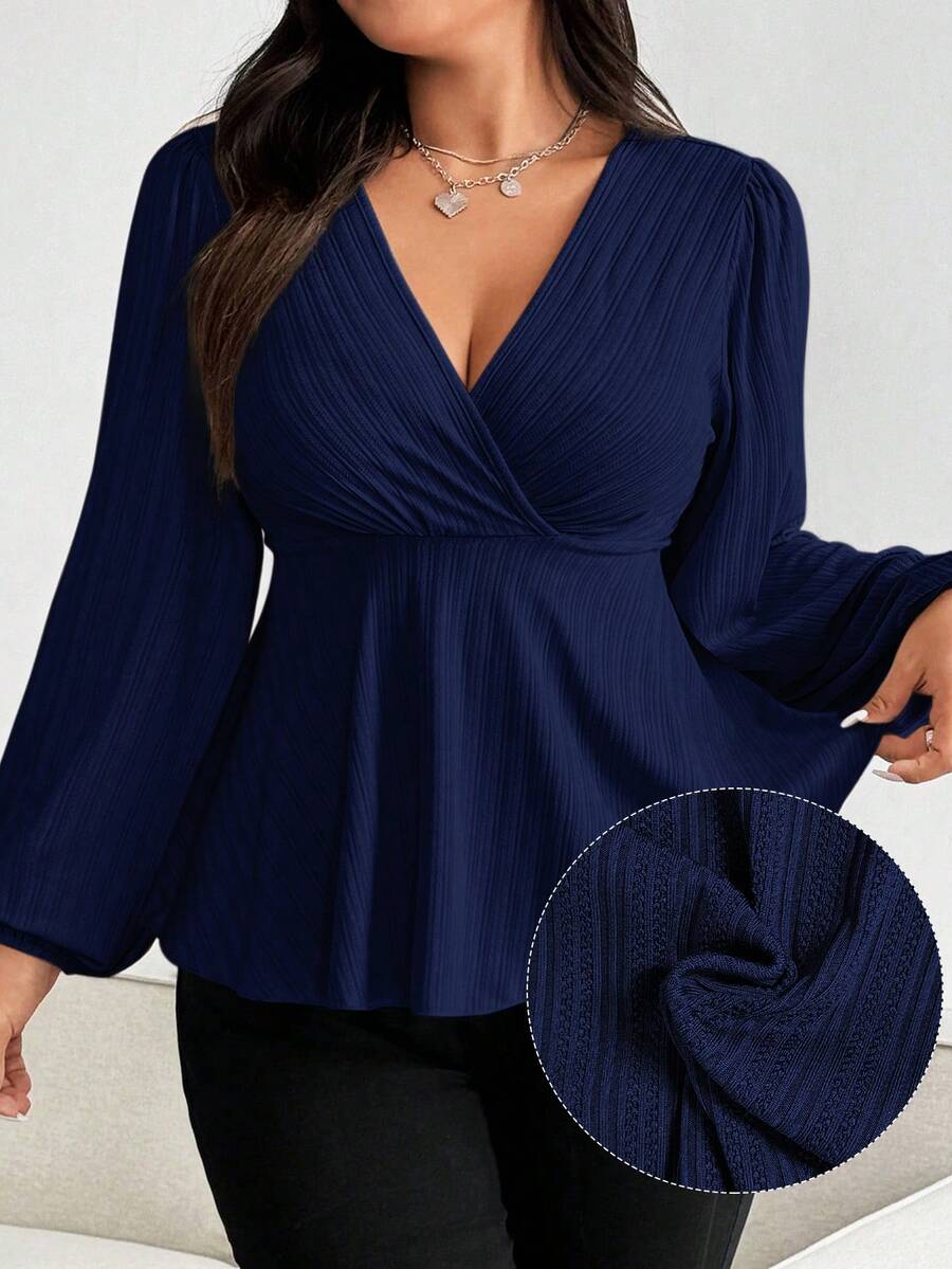 Vionelle Plus Size V-Neck Ruffle Puff Sleeve Long Sleeve Textured Knit Cropped Hem Casual T-Shirt For Women, Apricot