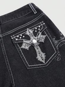 ROMWE Grunge Punk 哥特复古十字架藤蔓印花宽松阔腿女式牛仔裤 - 黑色 - 查看 4