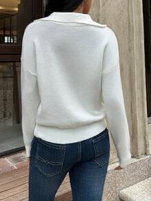 SHEIN Unity Women's Solid Color V-Neck Loose Oversize Sweater,Long Sleeve Tops Knit Pullover Fall Winter Outfit - White - View 2