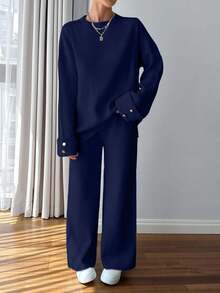 EURMUSE Ensemble pull et pantalon avec détails de boutons pour femmes - Bleu marine - Voir 6