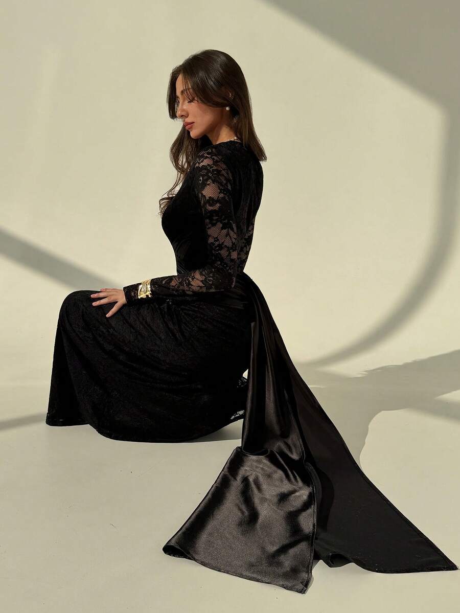 Aloruh Đầm ôm sát tay dài ren cổ chữ V sâu đan chéo dành cho nữ