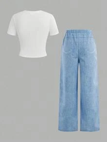 SHEIN ChillGRL 2 件套青少年女孩夏季休闲时尚心形图案 T 恤和心形印花阔腿裤套装春夏秋季度假和日常穿着