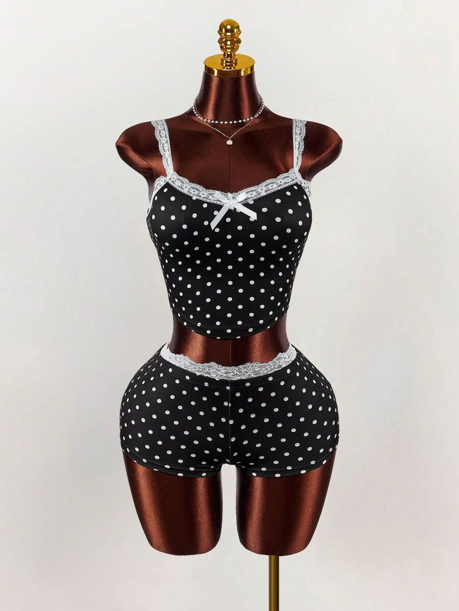 Amplova Set 2 Potong Atasan Camisole dan Celana Pendek Mini Motif Polka Dot dengan Hiasan Pita dan Renda Warna Kontras - MultiWarna - View 1