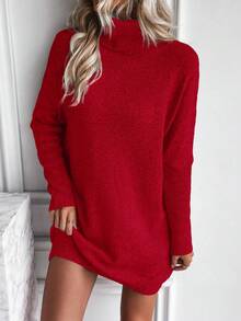EMERY ROSE Váy len cổ lọ trơn màu thường ngày dành cho nữ, Thu/Đông - Đỏ - Xem 6