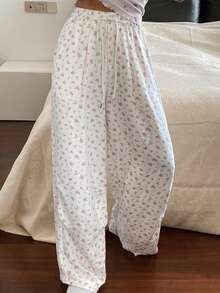 DAZY 1件装花卉纹理宽松女士睡裤，冬季 - 米色 - 查看 6