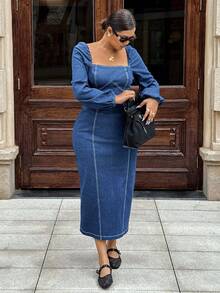 Dripcurv Plus Size Square Neck Fitted Long Sleeve Denim Dress - Medium Wash - View 4