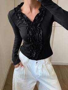 DAZY Áo thun nữ cổ chữ V tay dài ôm sát, lót nhiệt màu trơn, thanh lịch cho mùa thu/đông - màu đen - Xem 3