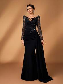 Serin Elegant Black Winter Formal Wedding Mermaid Dress,Luxurious Beaded Sequin Floral Applique Lace Patchwork Stretch Knit Ruched Gowns For Parties&Galas - Black - View 1