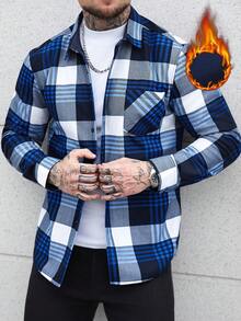 Manfinity CasualCool Men's Casual Plaid Button-Up Long Sleeve Shirt With Pockets, Autumn Blue, Black And White Shirts Men Flannels Shirt