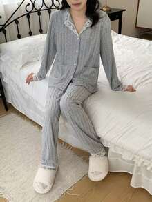 2 Stücke Bequemer Lässig Gerippter Flauschiger Kontrast Spitzenbesatz Langarm Top und Hose Pyjama Set für Teenager Mädchen - Hellgrau - Übersicht 5