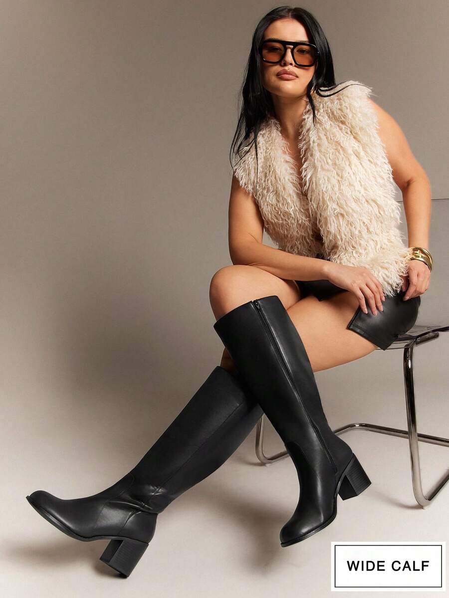 SHUZIA 女式宽筒日常休闲舒适圆头粗跟及膝靴 - 黑色 - 查看 1