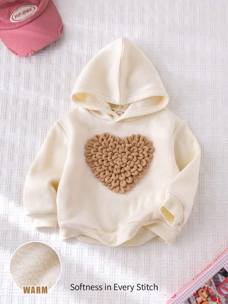 Cozy Pixies 女婴3D爱心连帽长袖套头卫衣，休闲百搭，柔软针织面料 - 卡其色 - 查看 1