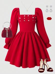 少女优雅蓬松珍珠装饰长袖亮红色连衣裙，适合婚礼、典礼、宴会、舞会、毕业派对 - 紅色 - 查看 5