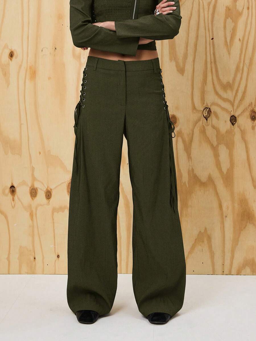 COUREZ Lattice Detail Overized Fit Tailored Trousers /Y2K Going Out Outfits Wide Leg Pants Fall Clothes For Women Winter Clothes For Women Wide Leg Pants Elegant Office