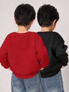 SHEIN 2件装男童百搭休闲舒适保暖加厚宽松长袖套头连帽衫套装，黑色、灰色、复古色，适合上学、花园、秋季和冬季穿着。