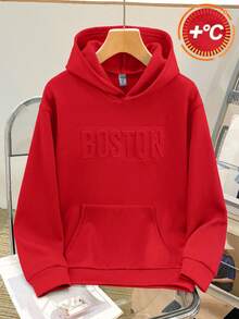 SHEIN 男童休闲学院风宽松面料大字母压纹图案长袖卫衣，适合春、夏、秋、冬户外玩耍、上学、街头风、派对和休闲场合。