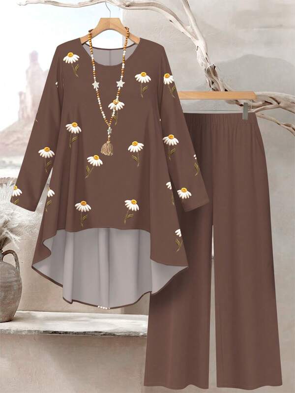 Lacomfia 2pcs/Set Plus Size Women Daisy Floral Digital Print Casual Loose Fit Round Neck Top And Pants Set