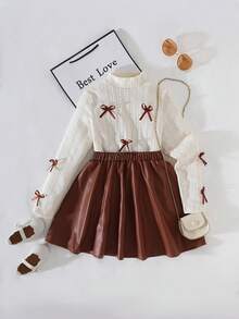 Sparklyn Tween Girls T-Shirt Set, Textured Knit Mock Neck Top With Ribbon Bow Accent, Paired With PU Mini Skirt, Fashionable Outerwear - Apricot - View 1