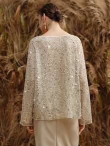 Arave Women's Sequined Fabric H-Line Loose Fit, Hollowed-Out Shimmering Sequined Off-Shoulder Design, Modern Party Top    Party Tops - Khaki - View 6