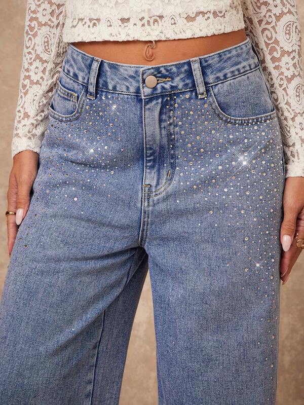 Lumalex Jeans casuales y versátiles con decoración de rhinestones para mujer