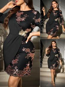 Ellevyn 大码圆领插肩袖褶皱腰身时尚中长连衣裙 - 黑色 - 查看 3