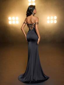 Glamrae 优雅奢华黑色亮片刺绣缎面拼接露肩亮片落肩袖鱼尾性感开衩拖尾长裙，女士正式晚礼服 - 黑色 - 查看 3