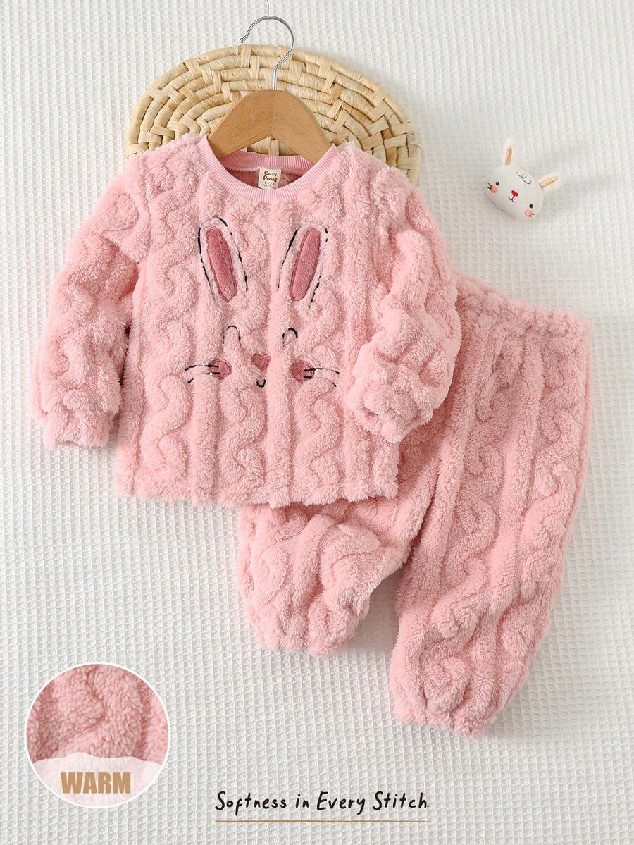 Cozy Pixies 2件套女婴卡通猫咪图案抓绒圆领长袖卫衣和松紧腰裤套装，适合秋冬季节穿着，泡泡袖设计，针织面料，适合幼儿，冬季毛绒服饰。 - 粉色 - 查看 1