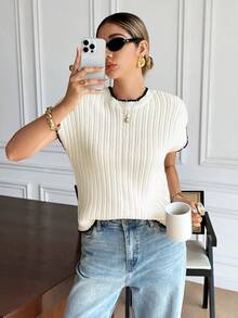 SHEIN Frenchy Women's Casual Everyday Commute Contrast Binding Batwing Short Sleeve Loose Sweater, Autumn/Winter,New Year Clothes  ,New Year Women , Winter  , Summer,Christmas , Party ,Elegant,Casual ,White, Black - Apricot - View 5