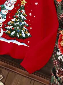 SHEIN Happikins Christmas Family Set,Young Girl Red Autumn Party Casual Thick Soft Warm Long Sleeve Crew Neck Sweatshirt,Snowman Christmas Tree Star Print - Red - View 6