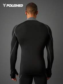 Acti Log Camiseta de manga larga casual de estilo novio para hombre con cuello alto, manga raglán y unicolor, para fitness, escuela, compresión, holográfica, lisa, ejercicio, entrenamiento, otoño, camiseta de compresión transpirable y ajustada, cuello redondo de otoño - Negro - Ver 2