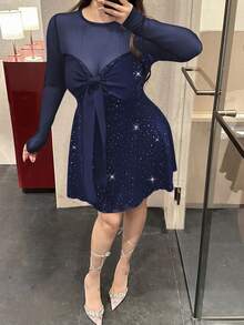 Flirla 大码女装秋冬甜美性感紧身网纱拼接亮片迷你连衣裙 - 藏蓝色 - 查看 4