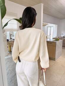 SHEIN Frenchy 女士休闲日常柠檬图案圆领落肩毛衣，秋冬款 - 杏色 - 查看 4
