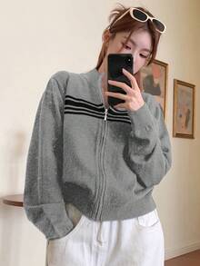 DAZY Contrast Stripe High Neck Long Sleeve Zip-Up Cardigan For Women - Grey - View 4