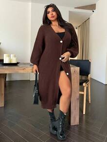 SHEIN EZwear 大码女式棕色灯笼袖单排扣休闲针织开衫，秋冬 - 棕色 - 查看 5