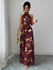 Elenzga Bộ đồ liền thân ống rộng không tay cổ bèo nhún thanh lịch lãng mạn chính xác dành cho nữ trong trang phục Halloween - Màu Đỏ Sâu - Xem 5